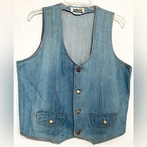 MENS VINTAGE XL BLUE DENIM BUTTON FRONT 2 POCKET ADJUSTABLE BACK BELT VEST